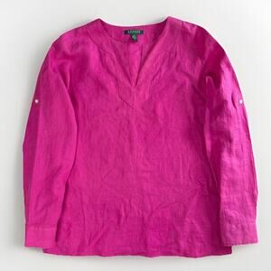 Lauren Ralph Lauren Linen Tunic L Pink Beach Preppy VTG 90s Resortwear Roll Tab